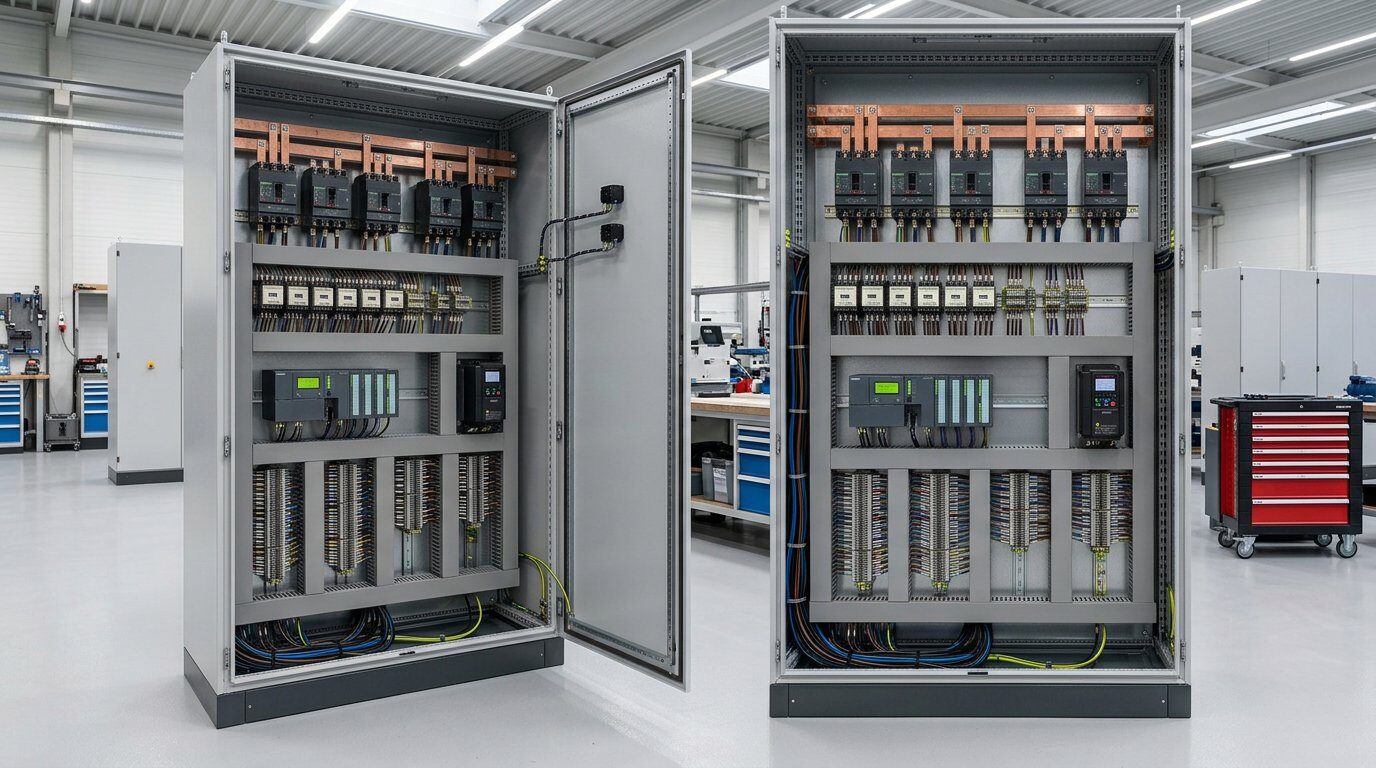 تابلو MCC با کلید MCCB، PLC و درایو VFD در کارگاه مونتاژ